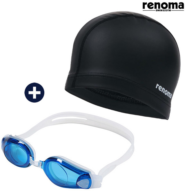 레노마수영복 공용 수경 수모 세트 (RO-RG2C501_BUBK), 1개, 블루+블랙