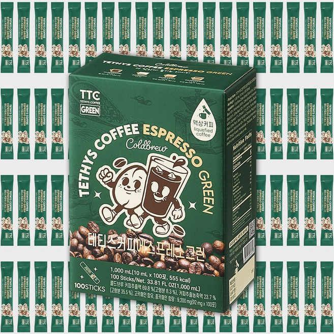 테티스커피 그린 100포 고소한 콜드브루 원액 스틱 더치커피 파우치 대용량, 10ml, 100개입, 1개