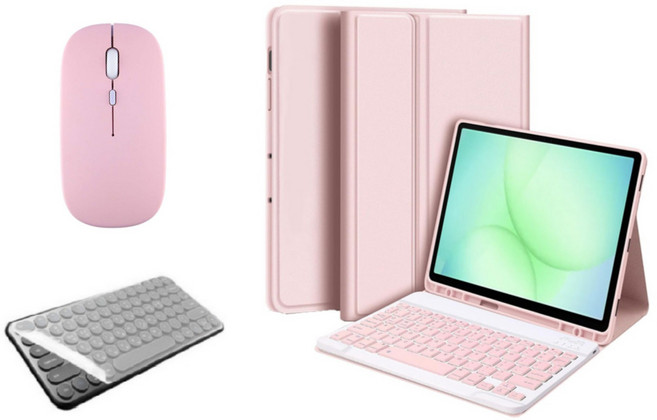 케이스나라 갤럭시탭 A11 플러스 / A9+ 호환 블루투스 키보드 케이스 북커버 무선 마우스 세트, 핑크, 1개
