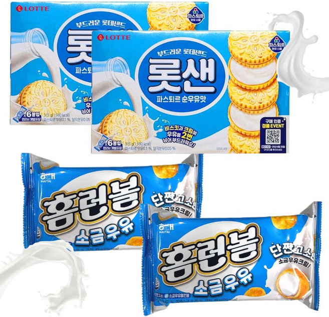 롯데 롯샌 파스퇴르 순우유맛 315g + 해태 홈런볼 소금우유 49g 세트, 2세트, 364g
