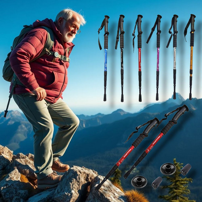 DSC 접이식 초경량 등산스틱 가벼운 등산 지팡이, 2개, 레드