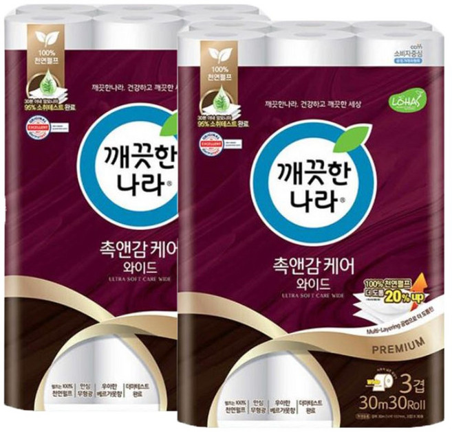 깨끗한나라 촉앤감케어 와이드 3겹 천연펄프 화장지, 30m, 30롤, 2개