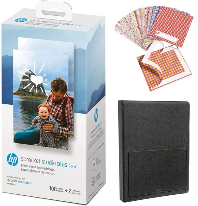 HP Sprocket Studio Plus 4 x 6인치 포토 용지 및 카트리지 스타터 번들 108매 2개 스티커 프레임 사진 앨범 포함, Starter Bundle