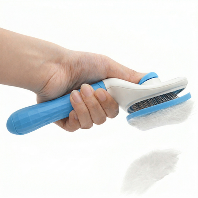 히로비 반려동물 슬리커 브러쉬 자동 털제거 원터치 강아지 고양이 미용 빗 중형 대형견, 1개, 라이트 블루