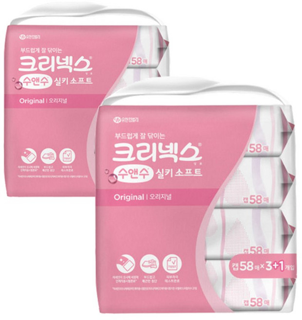 크리넥스 수앤수 실키 소프트 58매x4입 2팩 캡형 물티슈 화장지 휴지, 43g, 58매, 2개