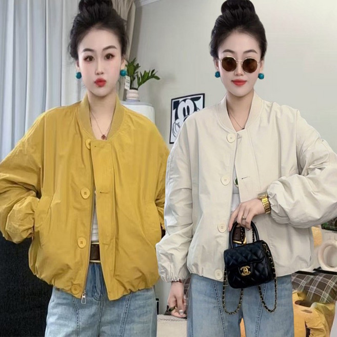 여성 루즈핏 라운드 단추 집업 캐주얼 바람막이 블루종 점퍼