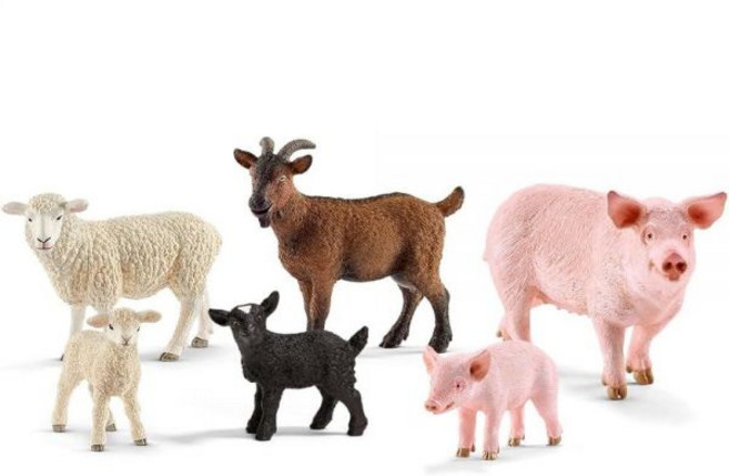 Schleich Farm World - 양 염소 및 돼지 피규어가 포함된 6피스 농장 동물 번들 - 남아 및 여아용 엄마 및 아기 앞마당 피규어 - 만 3세 이상 유아 및 아, 6PC Farm Animal Bundle