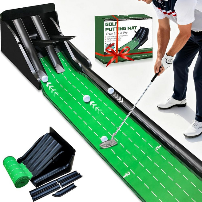 크레스트골프 골프 퍼팅 매트 4개의 뒤집기 트랙과 2인용 모드가 포함된 자동 볼 리턴 실내 훈련을 위한 논슬립 연습 그린 기술 향상, Crestgolf 골프 퍼팅 매트, 4개의 독특한 뒤집