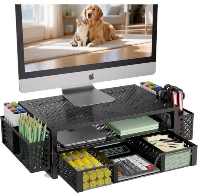 Simple Trending Desk Organizer and Accessories 2 Tier Computer Metal Monitor Stand Riser with Dra, 16"W x 10"D x 6.25"H, 블랙.