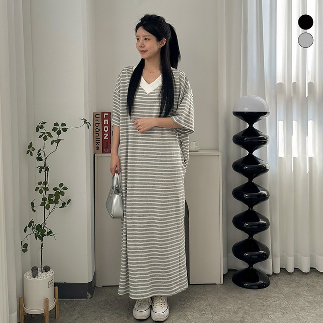 디테일웨어 여성 롱 브이넥 반팔 원피스 스트라이프 빅사이즈 여름 편한원피스 임부복 단가라 포인트 포켓포함 홈웨어 꾸안꾸룩