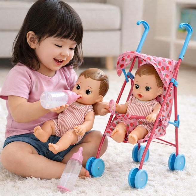 엄마놀이 세트x1개 쌍둥이인형2개+유모차+인형아기띠+장난감젖병+쪽쪽이 쌍동이놀이인형세트 어린이집아기돌보기장난감