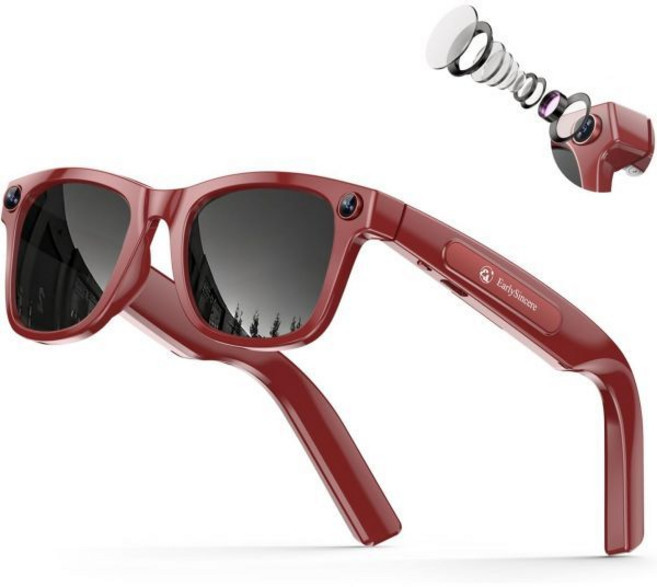 EarlySincere 2026 Ai Smart Glasses for Men Women 8mp 4k Hd Camera 410mah Battery Supports PhotoVid, Porto Red Frame+Black Sunglass