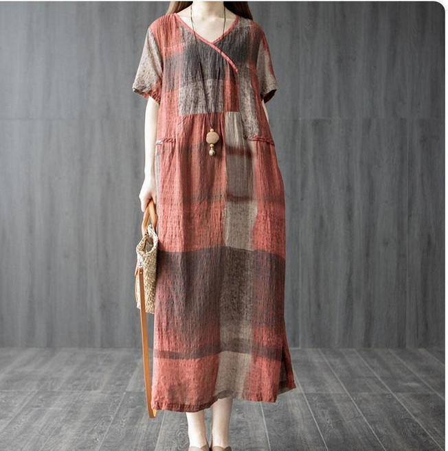 文藝大碼女裝 夏季棉麻短袖連衣裙 寬鬆V領拼接中長款亞麻裙子, 紅色,2XL 67.5-72.5公斤, 紅色