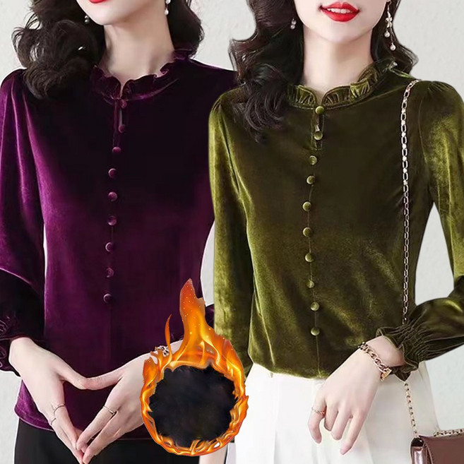 ROYALBELLE 여성 스탠드넥 기모 벨벳 티셔츠 캐주얼 루즈핏 긴팔티 D00112919