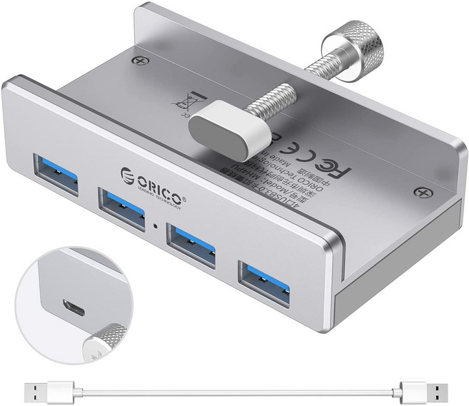 오리코 알루미늄 쉘 4 포트 USB3.0 허브 추가 전원 포트 DIY 설치 가능 MH4PU-P, 은색, 1개