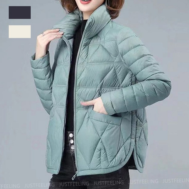 JUSTFEELING 여성 패딩점퍼 겨울 얇은 솜패딩코트 중년 엄마옷 따뜻한 하이넥 깔깔이 누빔패딩 쇼트코트 밑단동근 집업 웰론패딩 재킷 80KG까지