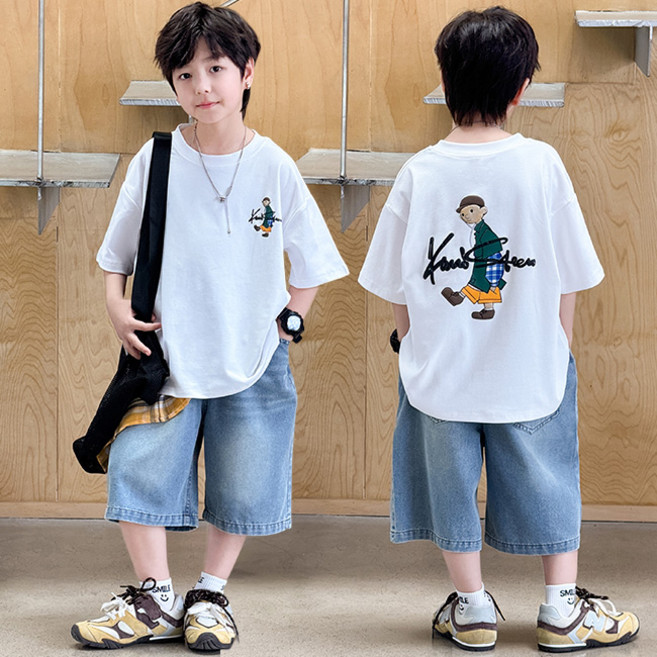 비비키드 주니어 상의 하의 세트 남아 여름 세트 초중생 모자쓴 남자 캐릭터 반팔티 데님 반바지 초등생 상하세트 (8211)