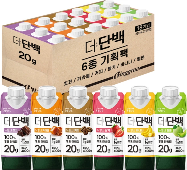 빙그레 더단백 드링크 6종 기획(초코 카라멜 커피 딸기 바나나 멜론) 총 18개, 250ml - 쿠팡