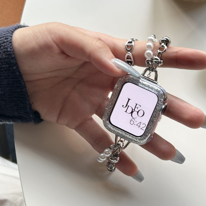 제이데코 애플워치 호환 펄 포인트 체인 스트랩 밴드, 1개, 실버