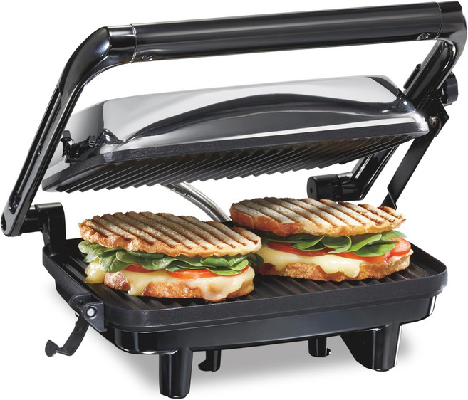 해밀턴 비치 파니니 프레스 샌드위치 메이커 및 잠금 뚜껑이 있는 전기 실내 그릴 퀘사디아 버거 등 모든 두께에 맞게 넓게 개방 논스틱 8인치 x 10인치 그리드 크롬25460MNA, Stainless Steel, 1_Nonstick 8" x 10"