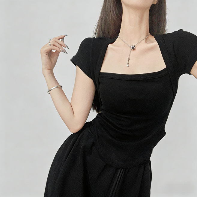 BiimTee 여성 페이크 투피스 스퀘어넥 반팔 주름 크롭 핏 탑 날씬해보이는 캐주얼 블라우스