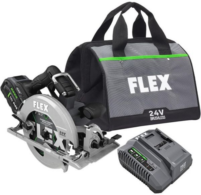 FLEX 24V 브러시리스 무선 61/2인치 인라인 원형 톱 키트5.0 포함아 리튬 배터리 및 160W 고속 충전기 FX2131A1C, 1개