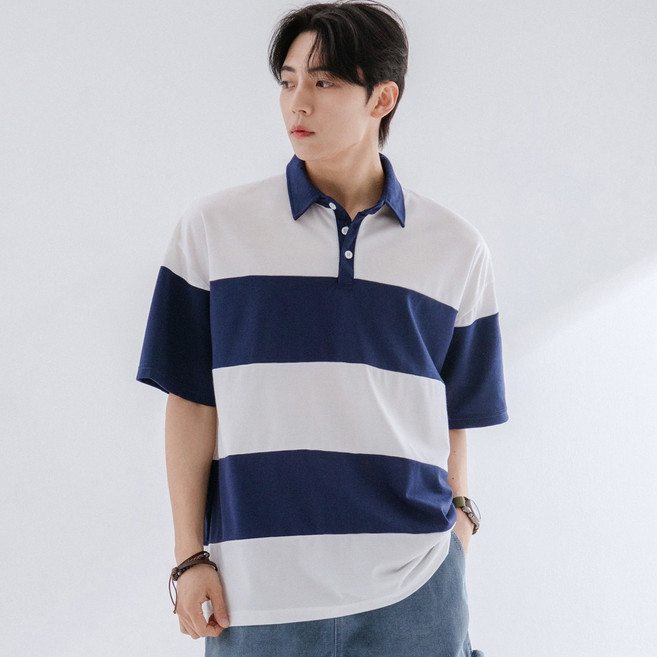 스몰더 남자 여름 루즈핏 PK 단가라 반팔 카라티