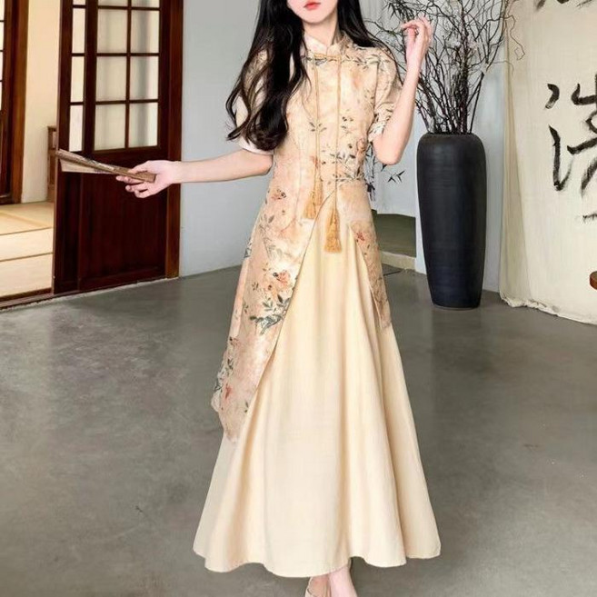 潔白 改良旗袍 碎花連衣裙 A字收腰中國風長裙, 圖片色,XL