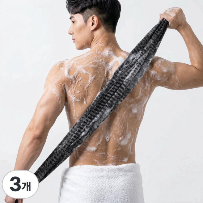 상덕 롱 샤워타올 등밀이 때타올 부드러운 거품 바디 샤워타월 목욕타올 세트, 3개, 1롤, 블랙