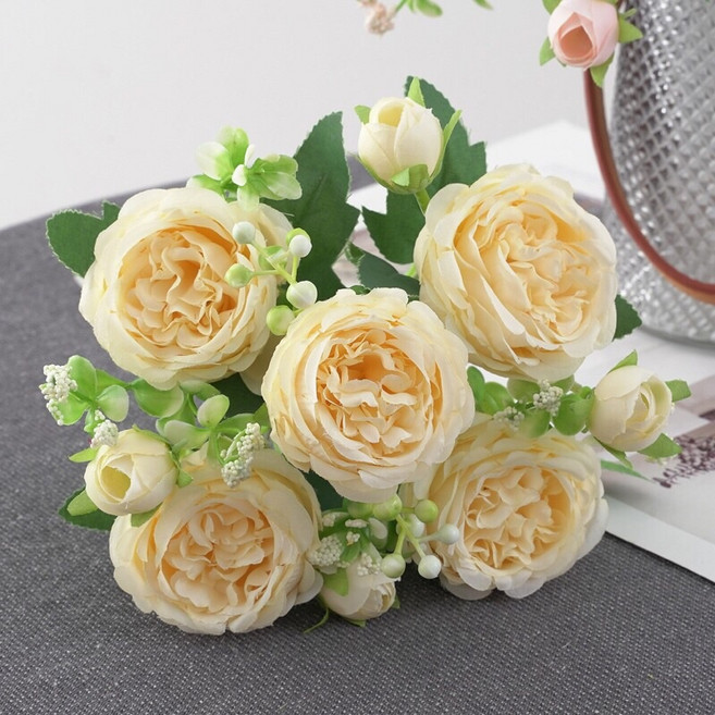 牡丹花仿真花束, 氣質黃色, 1個