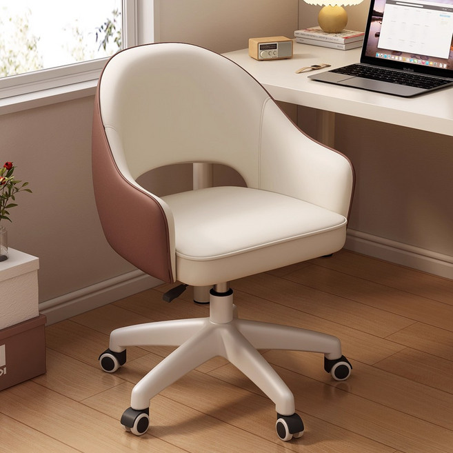 木鈺堂 人體工學辦公椅 升降旋轉電腦椅 學習椅, 米白色+咖色, 坐寬49公分