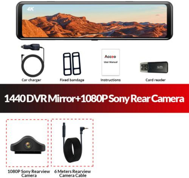 디지털 룸미러 블랙박스 A45P 4K WIFI GPS 차량용 DVR 12인치 터치 IPS 스크린 후방 카메라 옵션 포함, DVR With 6M SONY RC, 32G