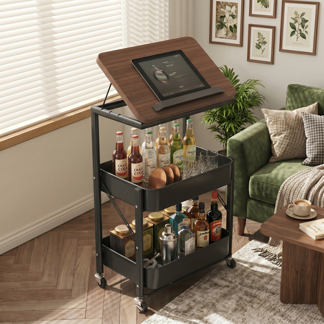 Dune 듀네 오픈형 상판 트롤리 이동식 수납 선반 3단 바퀴형 다용도 거실 주방 인테리어 카트, 2단, 검은색