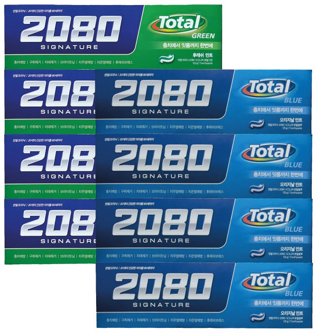 2080 시그니처 토탈블루 오리지날 민트 치약 125g x 4개 + 토탈그린 후레쉬 민트 치약 125g x 4개, 1개