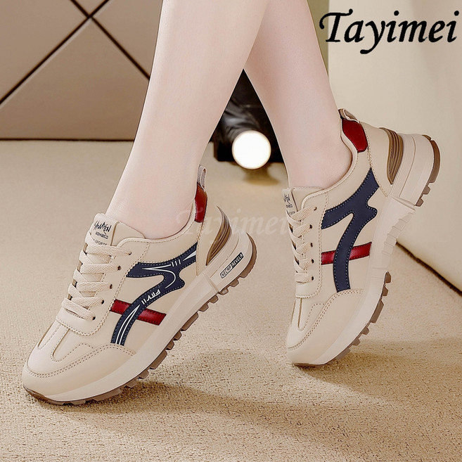 라지 가죽 운동화 여자 일상 러닝화 봄 편안 패션 캐주얼 백합 아버지 단화 여자 편안 운동화