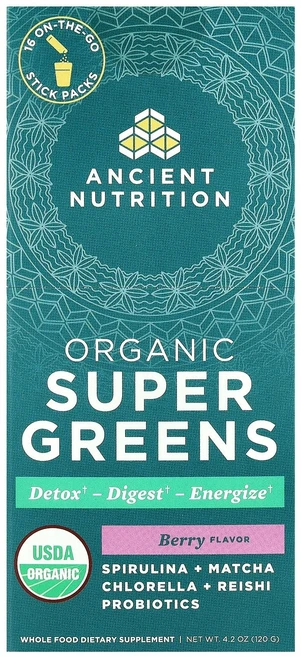 에인션트 뉴트리션 Ancient Nutrition 유기농 슈퍼 그린스 베리 휴대용 스틱팩 16개 각 7.5g0.3oz123869원산지:기타, Ancient Nutrition, 유기농 슈퍼 그린스,, 1개 - 쿠팡