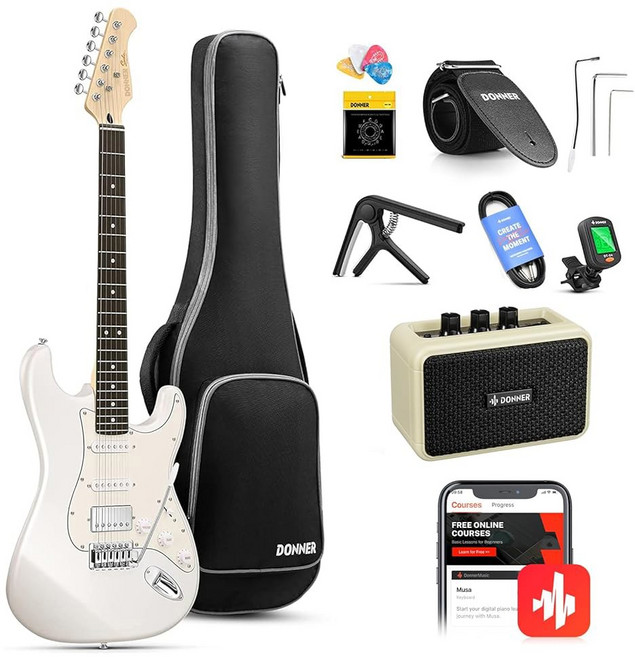 도너 DST-152B 39인치 일렉트릭 기타 키트 HSS 픽업 코일과 앰프 가방 액세서리 블랙 솔리드 바디 기타라 일렉트릭a 분리, Polar White, DST152, 1개