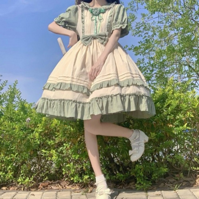핑크 그린 메이드 로리타 일본 드레스 원피스 공주풍 레이스 귀여운 데일리 여자 학생 코스프레 코스튬 빅사이즈 졸업사진