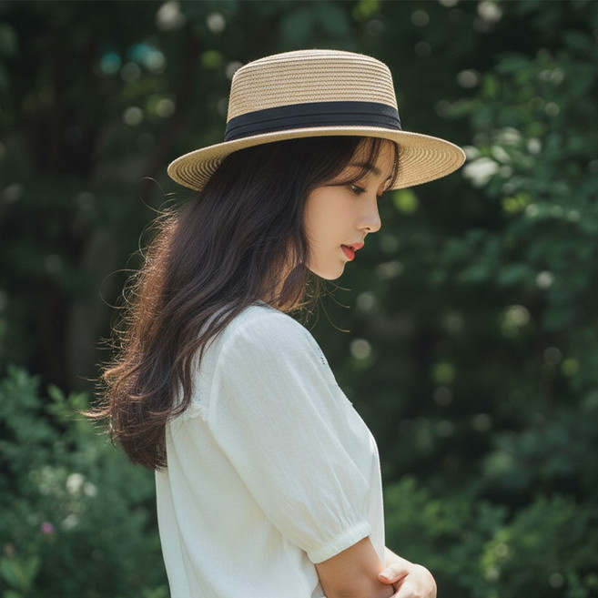 루타미 플랫 크라운 스트로 밀짚모자