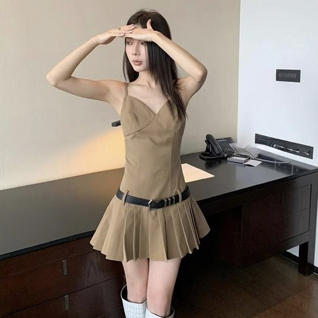 COSYEVNO 여성 여름 스파게티 스트랩 플리츠 미니 원피스 Tzkddlyq-2