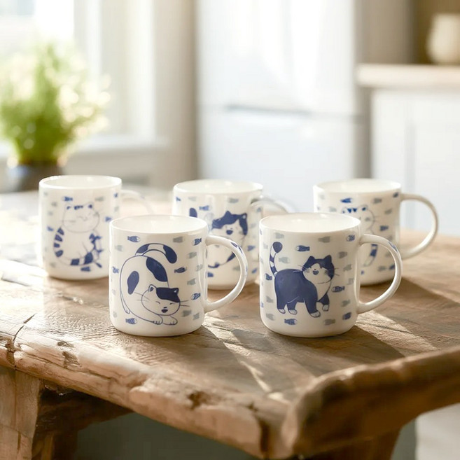 냥냥이 네코 고양이 머그컵 커피머그 물컵, 5개, 화이트블루