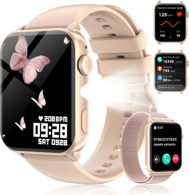 IOWODO R30MAX 스마트워치 1.91인치 HD 곡면 디스플레이 메시지 알림 수면 추적 100가지 이상 운동 모드 LED 손전등 IP68 방수 통화가능 스마트워치, 분홍색, 3.7cm, 블루투스