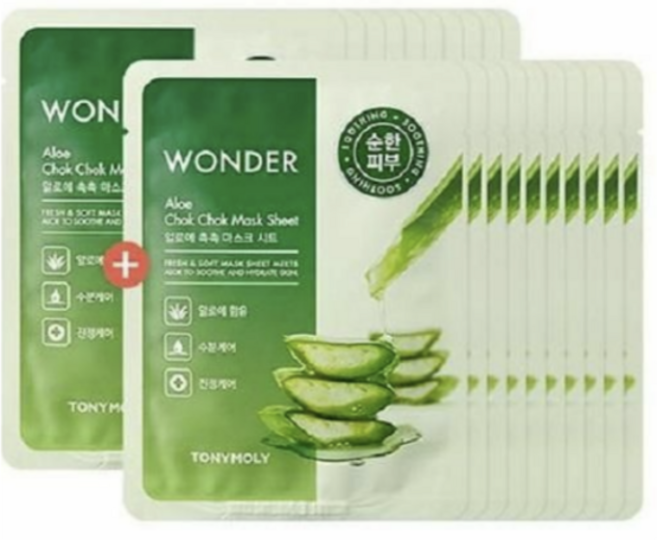 토니모리 원더 알로에 촉촉 마스크팩"알로에 에센스 함유로 거칠어진 피부를 촉촉하게 케어하는 마스크팩", 10개입, 2개
