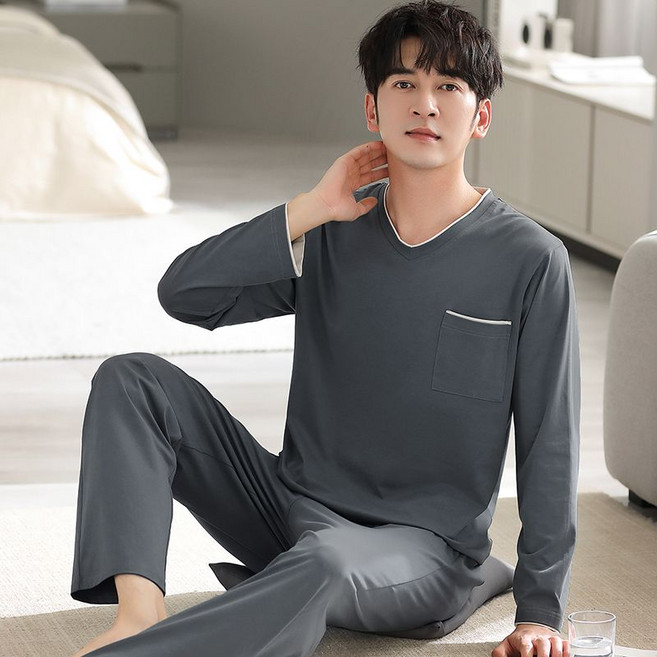 COSYEVNO 모달 잠옷 세트 V넥 긴팔 티셔츠+바지 루즈핏 봄가을 남성 파자마 홈웨어 투피스