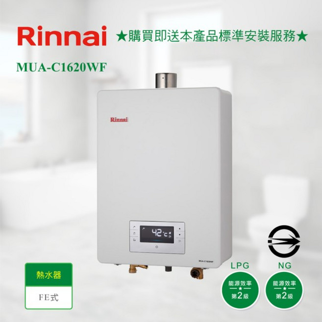 林內 RUA-C1620WF 屋內型16L強制排氣熱水器 高雄 三段火排 水量伺服器, 天然氣,不含安裝費(空機價格)