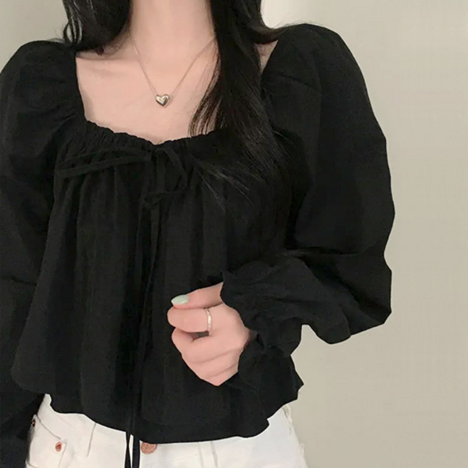 라라홀리 셀피 이중 프릴 캉캉 스퀘어넥 밴딩 리본 블라우스