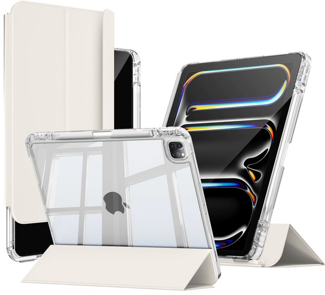 와이드 클리어 아이패드 슬라이드 세로거치 고광택 투명케이스 아이패드 7 8 9 10 에어 6 5 4 프로11 프로13 12 호환 애플펜슬 충전 수납 홀더, 아이패드 에어 11 (M2 M3), 아이보리
