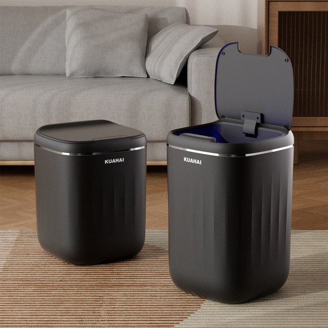[1+1 세트] KUAHAI 자동 센서 쓰레기통 야간 LED조명 20L+24L 화장실 기저귀 냄새차단 휴지통, 블랙