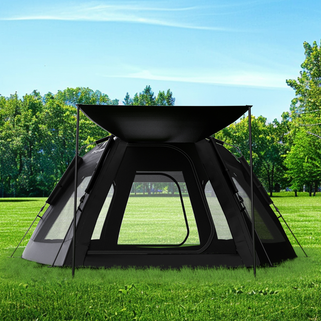 프란다스 자동 설치 원터치 텐트 6인용 육각형 캠핑 텐트, 블랙, 5-6인용