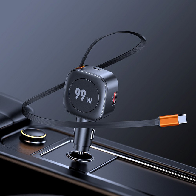 카모아 99W 릴타입 3포트 초고속 차량용 시거잭 충전기 12V 24V PD USB C타입 오토릴 충전 케이블, 블랙, 1